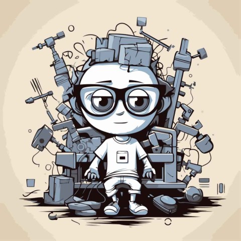 Vector illustration of a cute cartoon robot in glasses. Doodle s