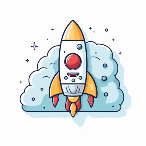 Cartoon rocket with cloud. Vector illustration in flat linear st