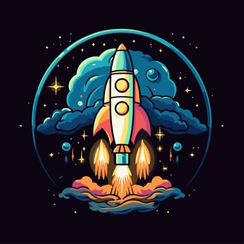 Space rocket in the night sky. Vector illustration for your desi