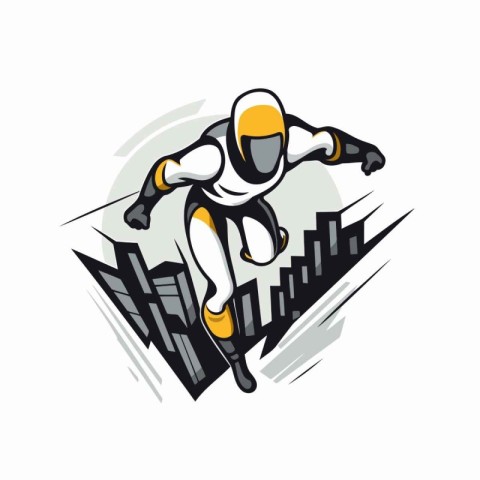 Astronaut flies over the city. Vector illustration. Isolated on