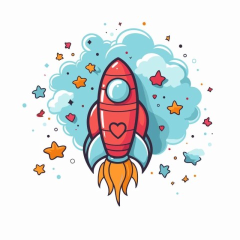 Cartoon rocket with stars and clouds. Vector illustration for yo