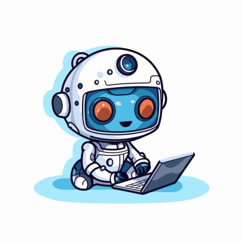 Cute robot working on laptop. cartoon vector illustration isolat