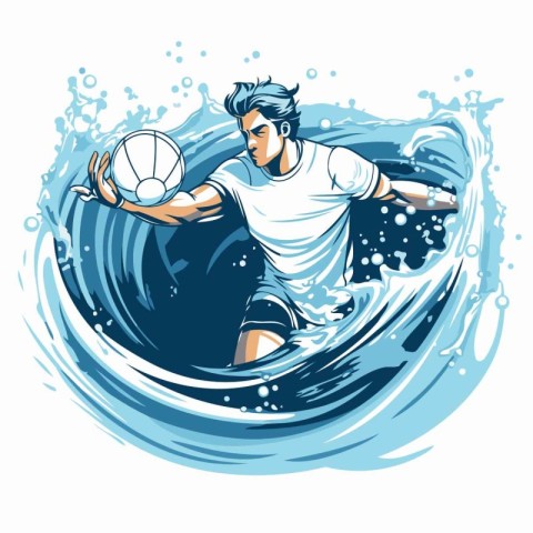 Soccer player with ball on the wave. Vector color illustration.