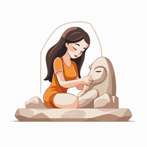 Woman sitting on the stone and looking at the Sphinx. Vector ill