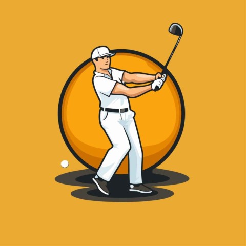 Golf player hitting ball with club on yellow background. Vector