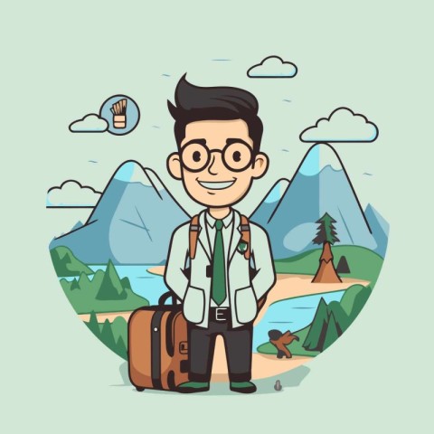 Tourist man with a backpack in the mountains. Vector illustratio