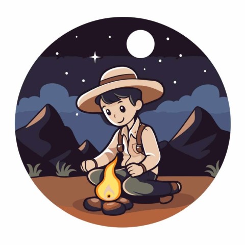 Vector illustration of a man camping in the mountains at night.