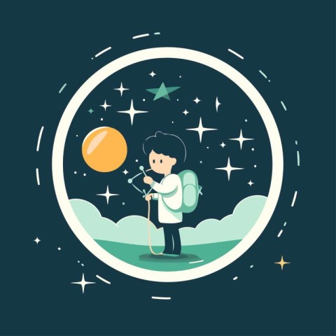 Boy with a backpack and a star in the sky. Vector illustration