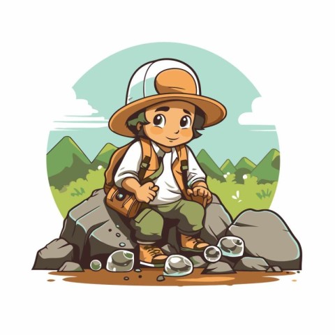 Tourist boy with backpack sitting on a rock. Vector illustration