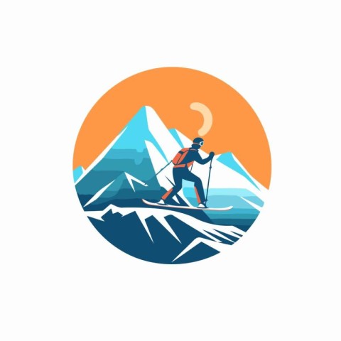 Ski resort logo design template. Skier in mountains vector illus