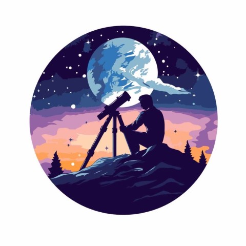 Silhouette of a photographer with a telescope at night. Vector i