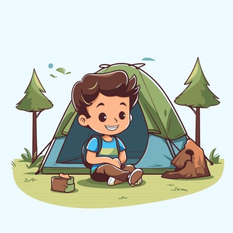 Cute little boy sitting in a camping tent. Vector illustration.