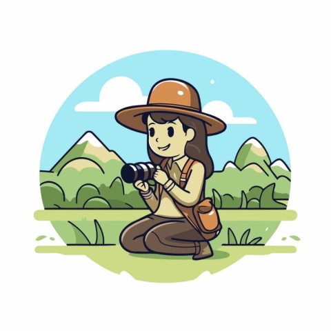 Illustration of a Girl with a camera and a hat sitting on the gr