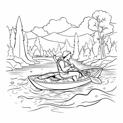 Man rowing a boat in the lake. Black and white outline vector il