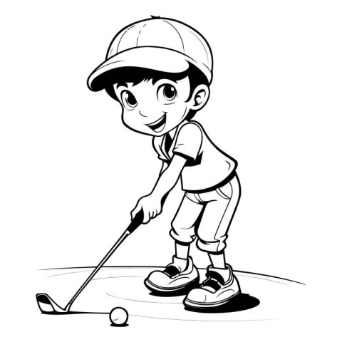 Little boy playing golf - black and white vector illustration fo