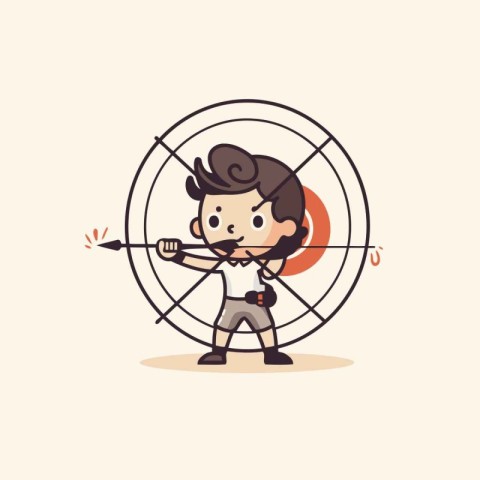 Cute boy aiming with a bow and arrow. Vector illustration.