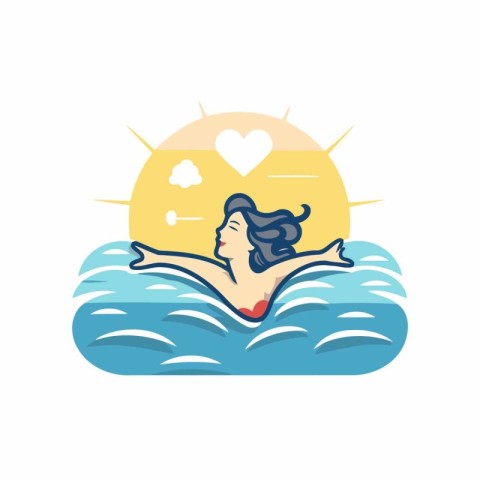 Beautiful woman swimming in the sea. Vector illustration in flat