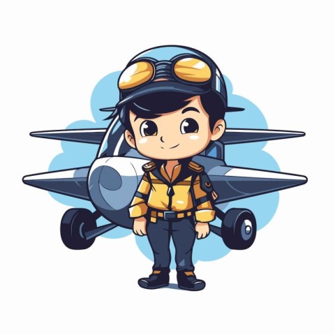 Cute boy pilot with airplane on white background. Vector illustr