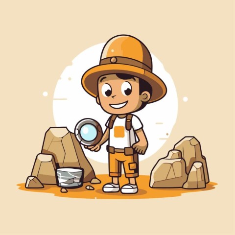 Cute explorer boy holding a magnifying glass. Vector illustratio