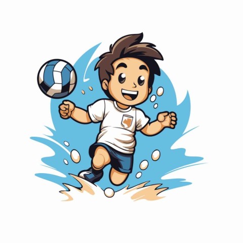 Vector illustration of a boy playing soccer with ball on the bea