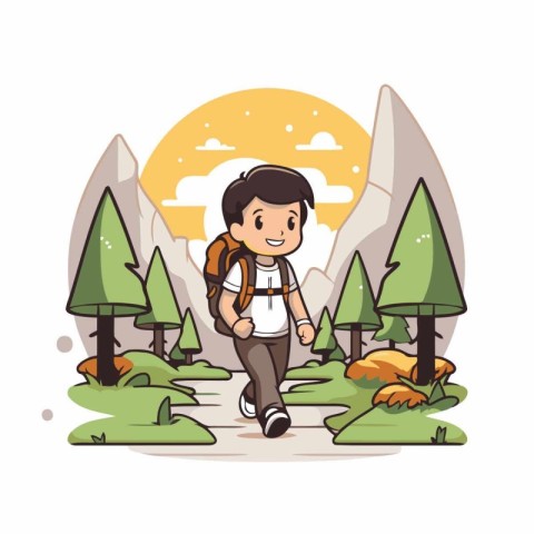 Hiking boy with backpack in the mountains. Cartoon vector illust