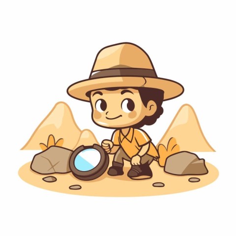 Cute explorer boy with a magnifying glass cartoon vector illustr