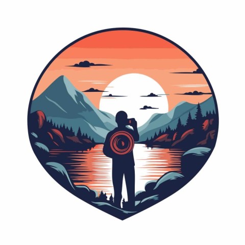 Hiker man with camera on the lake at sunset. Vector illustration