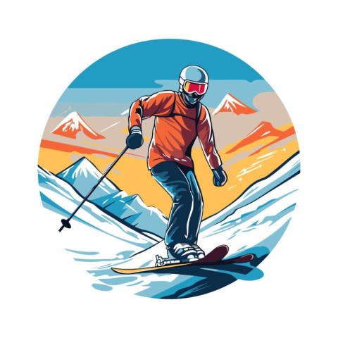 Skiing man. Skier in the mountains. Vector illustration.