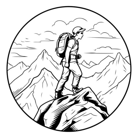 Hiker on the top of the mountain. Vector illustration in black a