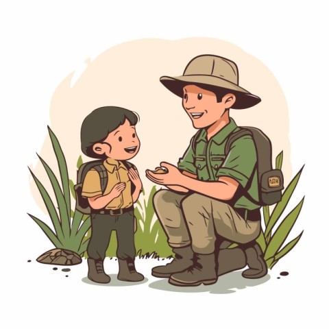 Father and son hiking in nature. Vector illustration in cartoon