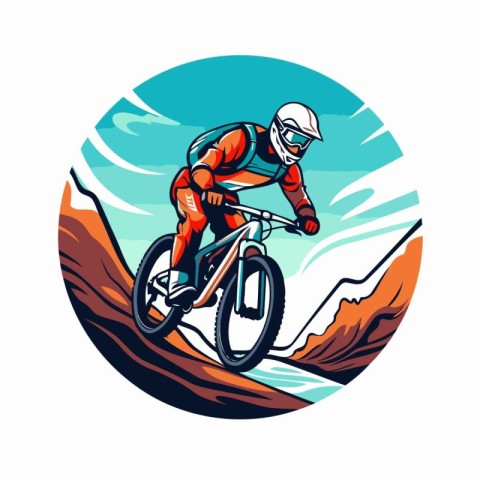 Mountain biker riding on the race round icon vector illustration