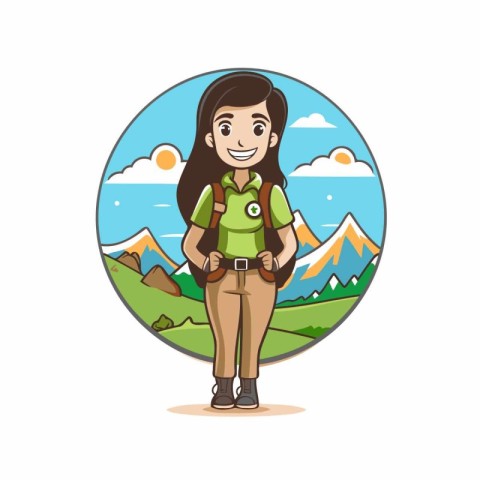 Hiker woman with backpack and mountains in the background. Vecto