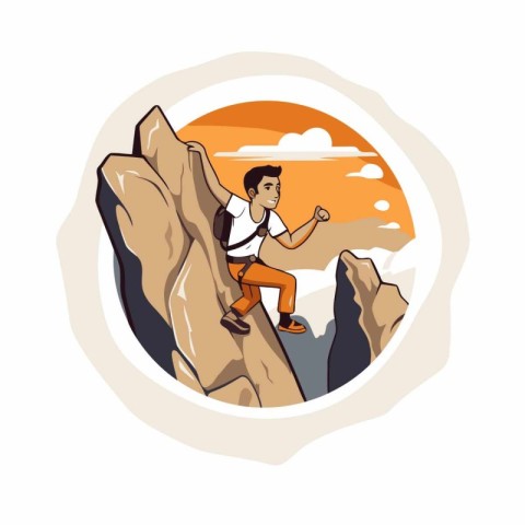 Young man climbing up the mountain. Vector illustration in carto