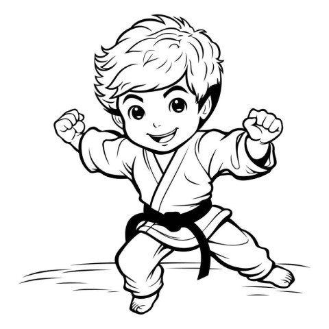 Karate Boy - Black and White Cartoon Illustration. Vector Art