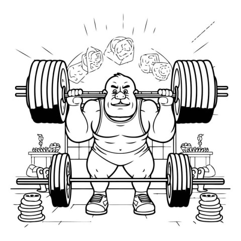 Fat man lifting a barbell. Black and white vector illustration.