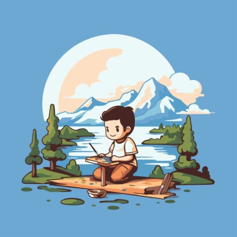 Boy with a laptop sitting on a log in the lake. Vector illustrat