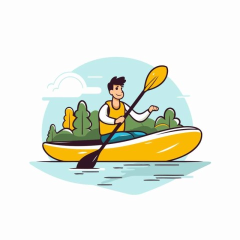 Man in kayak on the lake. Flat style vector illustration.