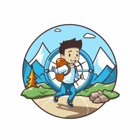 Hiking man with a backpack in the mountains. Vector illustration