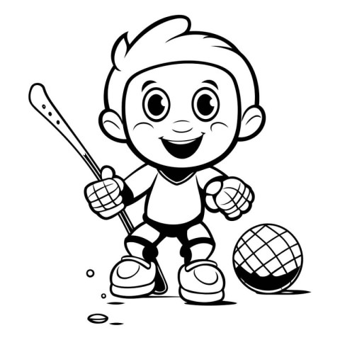 Cute boy playing hockey - Black and White Cartoon Illustration.