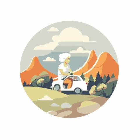 Senior woman riding a car in the mountains. Flat style vector il