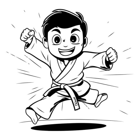 Vector illustration of a karate boy doing karate in black and wh