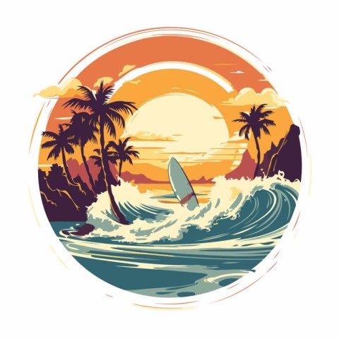 Surfboard on the beach. Vector illustration in retro style.