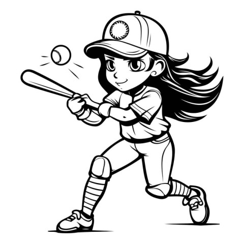 Girl Baseball Player - Black and White Cartoon Illustration. Vec