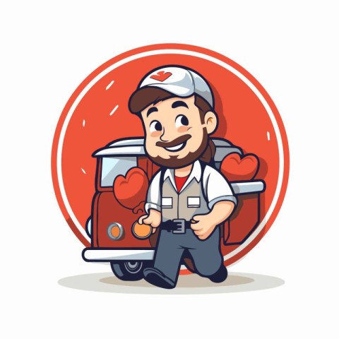 Courier with a suitcase and truck. Vector illustration in cartoo