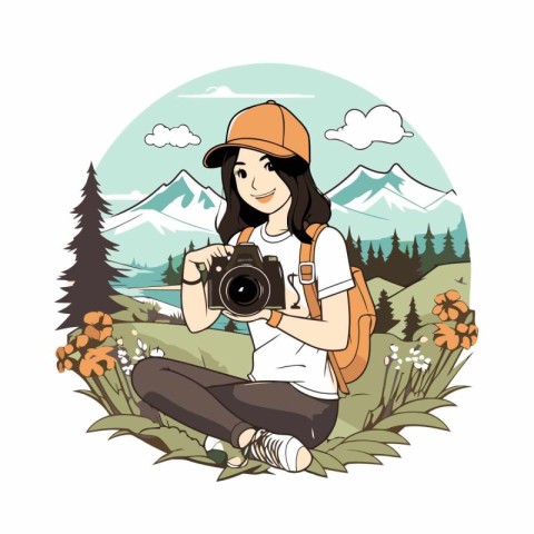 Traveler girl with camera in the mountains. Vector illustration