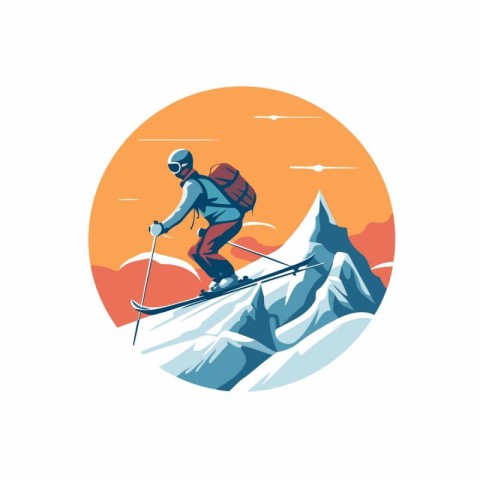 Mountain skier in the mountains. Vector illustration in retro st