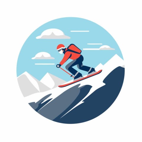 Snowboarder jumping on snowy mountain. Flat style vector illustr