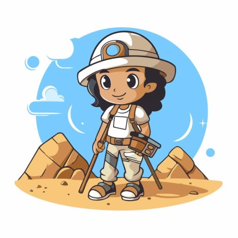 Cartoon explorer girl in the desert. Vector illustration isolate