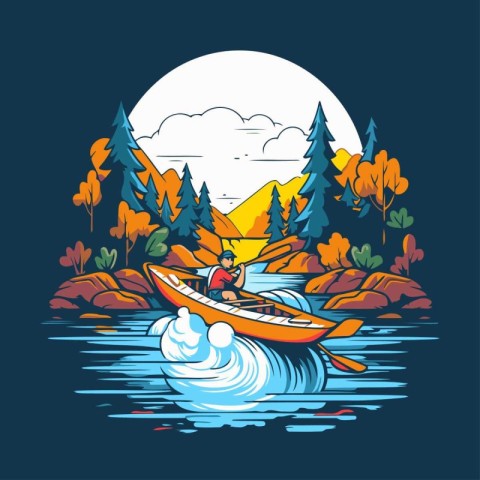 Boat on the river in the forest. Vector illustration for your de