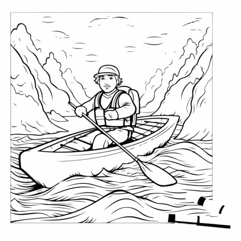 Black and White Cartoon Illustration of Man Kayaking in the Sea